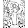 A witch with long hair walks along a path, surrounded by carved pumpkins and spooky trees, approaching a whimsical house.