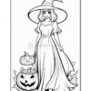 A witch in a long dress and pointed hat stands beside a pumpkin and a jack-o'-lantern, surrounded by Halloween-themed decor.