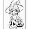 A cartoonish witch character with a large hat, wearing a cape and holding a pumpkin-shaped bucket, suitable for coloring.
