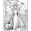A witch with a large hat and flowing dress carries a pumpkin with a face in a spooky outdoor setting, surrounded by trees and bats.