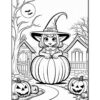 A cute witch character in a black hat sits in a large pumpkin, surrounded by smaller pumpkins with carved faces, in a spooky Halloween setting.