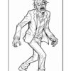 A zombie character in a tattered suit with a menacing expression and outstretched hands, looking ready to scare.