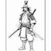 A samurai warrior in traditional armor holds a katana, standing confidently with a serious expression.