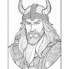 A detailed line drawing of a Viking warrior with long hair, a beard, and a horned helmet, wearing ornate armor.