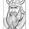 A detailed line drawing of a Viking warrior with a helmet and a long beard, exuding a fierce expression.