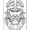 A highly detailed black and white illustration of a bearded warrior with intricate braids and a helmet, featuring a strong facial expression.