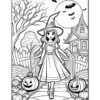 A young girl in a witch costume walks down a path lined with pumpkins, passing a spooky house and barren trees under a bat-filled sky.
