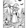 A young witch in a pointed hat holds a staff, surrounded by pumpkins and bats, with a spooky house in the background.