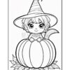 A cute character wearing a witch hat peeks out from a large pumpkin, surrounded by leaves and flowers.