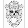 A detailed line drawing of a woman with a skull makeup design, adorned with flowers in her hair.