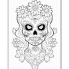 A sugar skull surrounded by flowers, featuring decorative elements and intricate patterns in a coloring page style.