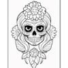 A decorative sugar skull with long hair and flowers, designed for coloring, featuring intricate patterns and details.