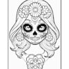 A detailed black and white coloring page featuring a whimsical skull girl with floral decorations in her hair and face.