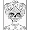 A skull-themed female skeleton with a floral headdress and intricate patterns on her dress, inspired by Día de los Muertos.