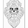 A detailed Day of the Dead sugar skull woman with floral decorations, featuring long hair and intricate patterns in a coloring page style.