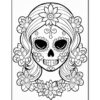 A decorative sugar skull with floral accents and intricate patterns in a coloring page design.