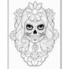 A decorated skull woman with floral elements in her hair, featuring intricate designs and a symmetrical layout.