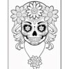 A decorative Day of the Dead skull surrounded by flowers, featuring intricate patterns and a symmetrical design.