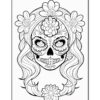 A decorated skull with intricate floral designs and long flowing hair, surrounded by large flowers.