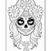 A stylized skull with floral decorations, featuring intricate patterns and a long-haired female figure in a coloring page style.