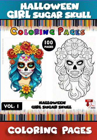 Coloring page featuring a decorated sugar skull girl with vibrant colors and intricate designs, perfect for a cozy coloring book.