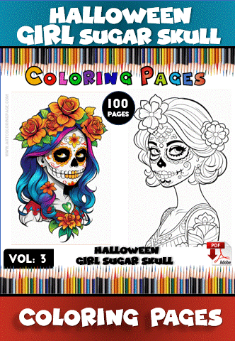 A Halloween-themed girl sugar skull coloring page with vibrant floral designs, part of a cozy coloring book series.