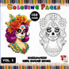 Sugar skull-themed coloring page featuring a colorful design and a black and white outline version for easy printing from artcoloringpage.com.