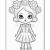 A black and white coloring page featuring a doll named 