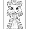 A doll character with large eyes and a floral crown, wearing a detailed dress with a full skirt and embroidered flowers.