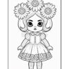 A black and white coloring page featuring a doll with floral hair and a dress adorned with flowers.