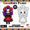 Two gothic horror dolls in a coloring page layout, one colored and one black and white, featuring floral details and intricate designs.
