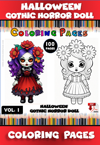 Two gothic horror dolls in a coloring page layout, one colored and one black and white, featuring floral details and intricate designs.