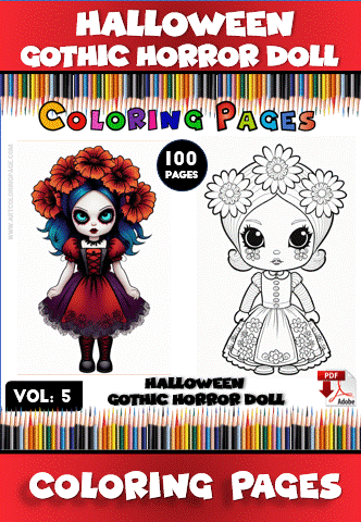 Halloween gothic horror doll coloring pages featuring a colorful design on the left and a black and white outline on the right, available at artcoloringpage.com in the cozy coloring book series.