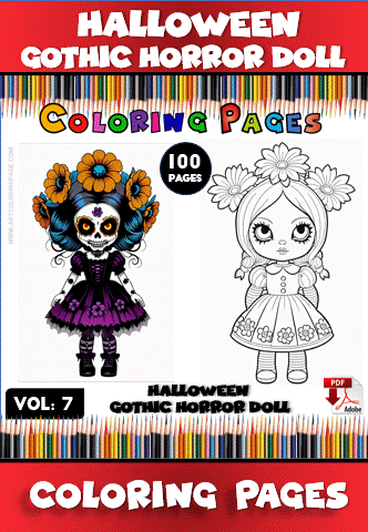 Coloring page featuring a Halloween-themed gothic horror doll, with floral details, from a cozy coloring book on artcoloringpage.com.