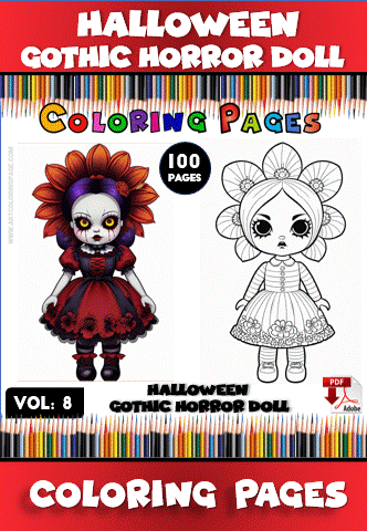 Halloween-themed coloring pages featuring a gothic horror doll in a floral dress, suitable for a cozy coloring book from artcoloringpage.com.