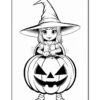 A young witch wearing a large hat holds a carved pumpkin with a spooky face, set against a simple background.