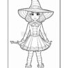A young witch in a striped hat and dress, holding a wand, with a cheerful expression and knee-high striped socks.