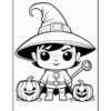 A cute witch character wearing a hat and cape stands between two pumpkins, each with a carved face.