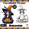 Halloween coloring pages featuring a witch with a pumpkin and a girl in a Halloween costume, from artcoloringpage.com, perfect for a cozy coloring book.