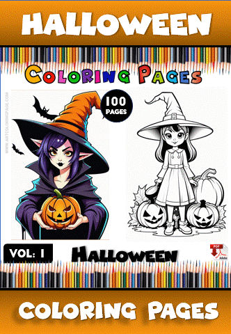 Halloween coloring pages featuring a witch with a pumpkin and a girl in a Halloween costume, from artcoloringpage.com, perfect for a cozy coloring book.