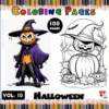 Halloween-themed coloring pages featuring a pumpkin and a witch, promoting a cozy coloring book with 100 pages at artcoloringpage.com.