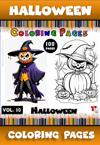 Halloween-themed coloring pages featuring a pumpkin and a witch, promoting a cozy coloring book with 100 pages at artcoloringpage.com.
