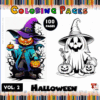 Halloween-themed coloring pages featuring whimsical characters like a witch and a ghost, perfect for a cozy coloring book experience.