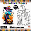 Halloween themed coloring pages featuring a witch with a pumpkin and a girl in a wizard hat, available at artcoloringpage.com.