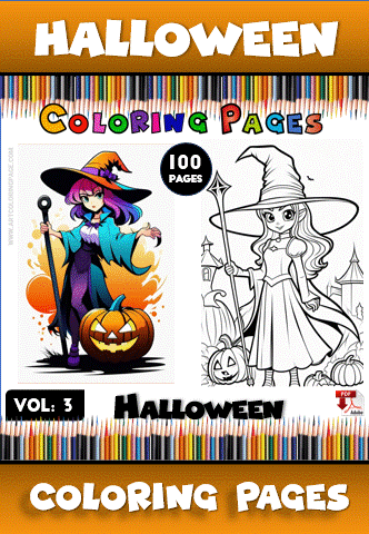 Halloween themed coloring pages featuring a witch with a pumpkin and a girl in a wizard hat, available at artcoloringpage.com.