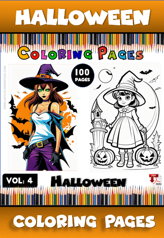 A colorful promotional image for Halloween coloring pages, featuring an adult witch and a child in a pumpkin patch, from a cozy coloring book.