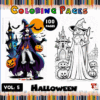 Coloring page showcasing Halloween-themed illustrations, featuring a witch and a haunted castle, from artcoloringpage.com, part of a cozy coloring book series.