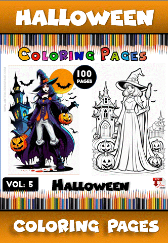 Coloring page showcasing Halloween-themed illustrations, featuring a witch and a haunted castle, from artcoloringpage.com, part of a cozy coloring book series.