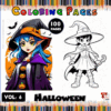 Coloring page featuring Halloween-themed illustrations, showcasing characters in costumes, promoting artcoloringpage.com and cozy coloring book.