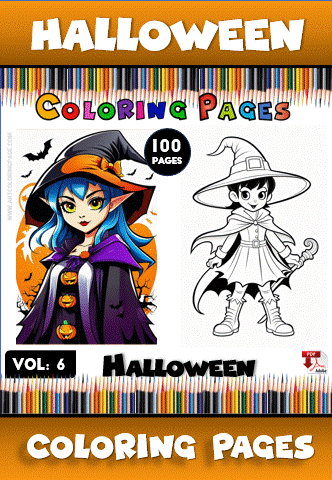 Coloring page featuring Halloween-themed illustrations, showcasing characters in costumes, promoting artcoloringpage.com and cozy coloring book.